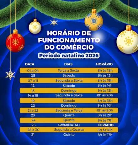 Horário de funcionamento do comércio no mês de dezembro/2026